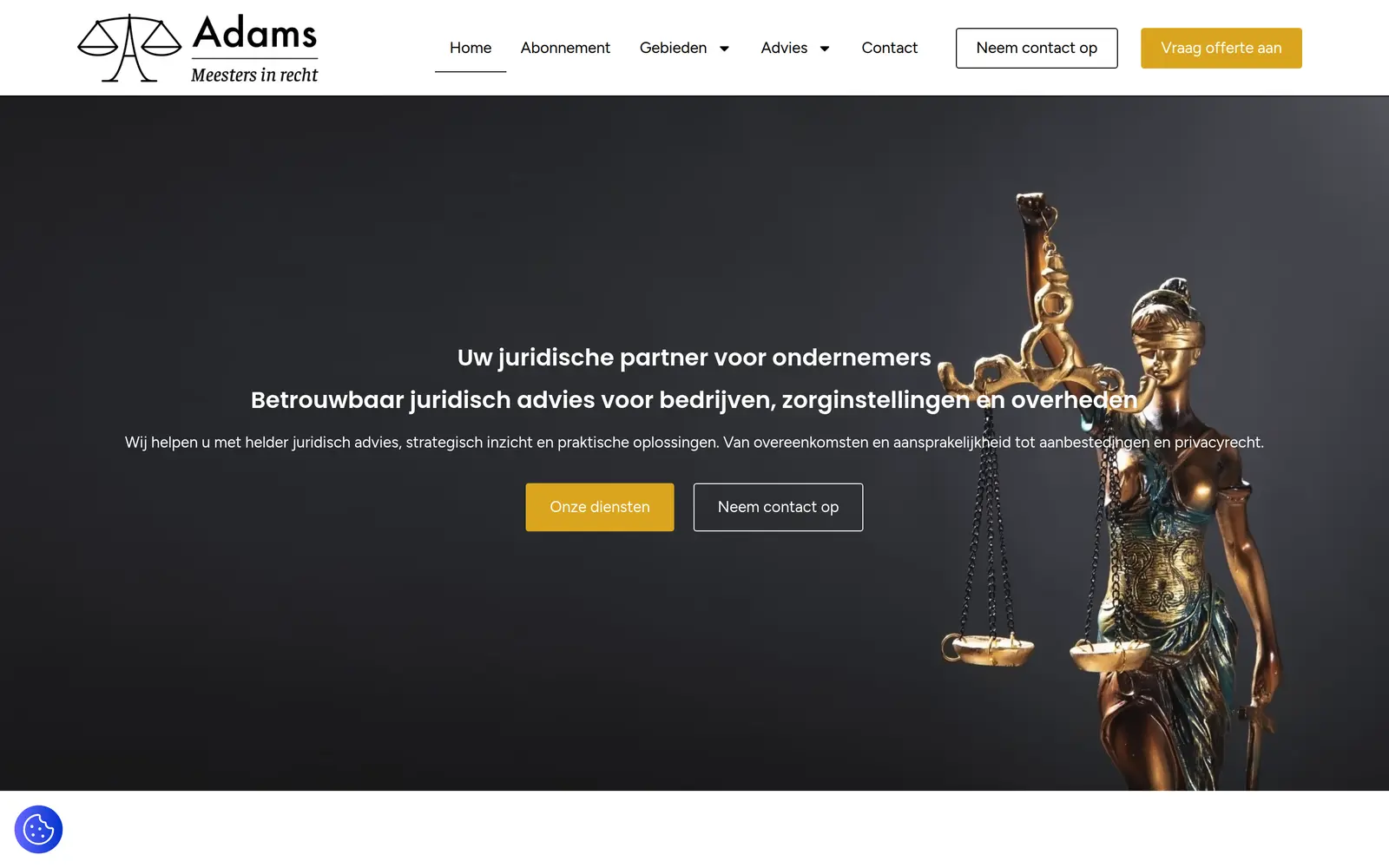 Homepage van Adams Meesters in Recht met de kop "Uw juridische partner voor ondernemers"