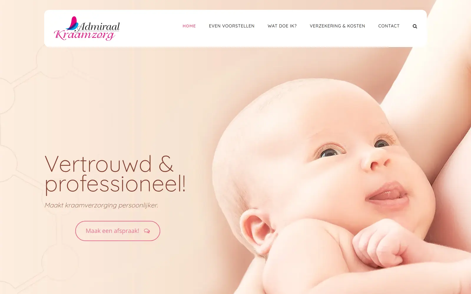 Homepage van Admiraal Kraamzorg met de kop "Vertrouwd & professioneel!"