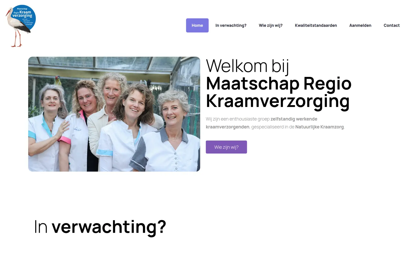 Homepage van Maatschap Regio Kraamverzorging met het team en de introductie van de natuurlijke kraamzorg