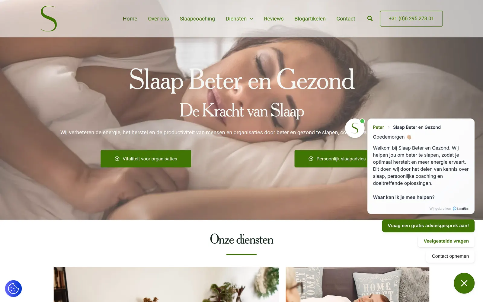 Homepage van Slaap Beter en Gezond met de hero en de twee ingangen naar slaapadvies
