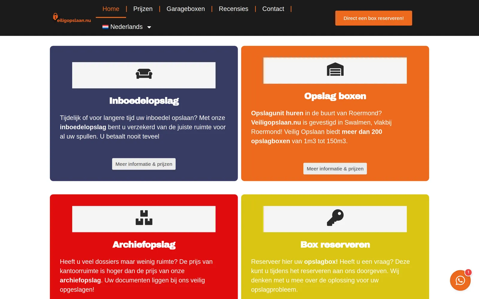 Homepage van Veiligopslaan.nu met de blokken voor inboedelopslag, opslagboxen en archiefopslag