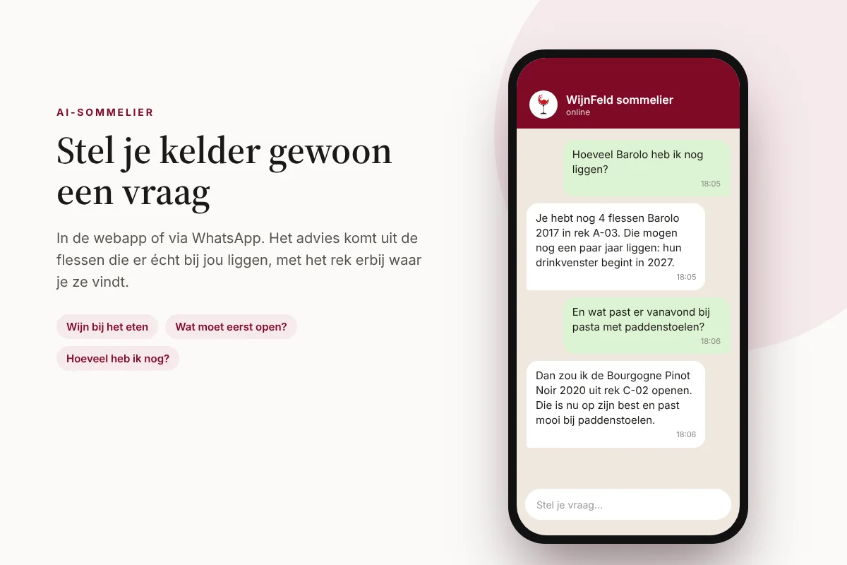 De AI-sommelier van WijnFeld beantwoordt in een chat vragen met flessen uit je eigen kelder